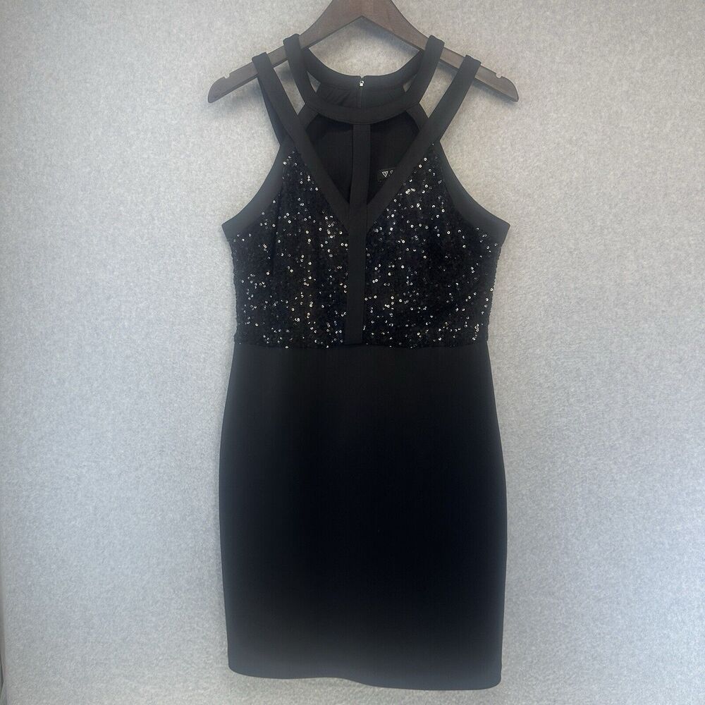 Guess Womens Dress Sequin Halter Cutout Top Black Fitted Mini Embellished 12